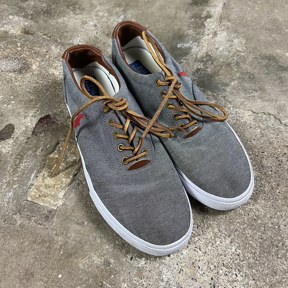 Polo Ralph Lauren Vaughn Chambray Sneakers Size 11 D Gray Low Top Red Pony Logo